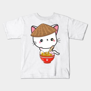 Funny Cat Eating Noodles Kids T-Shirt